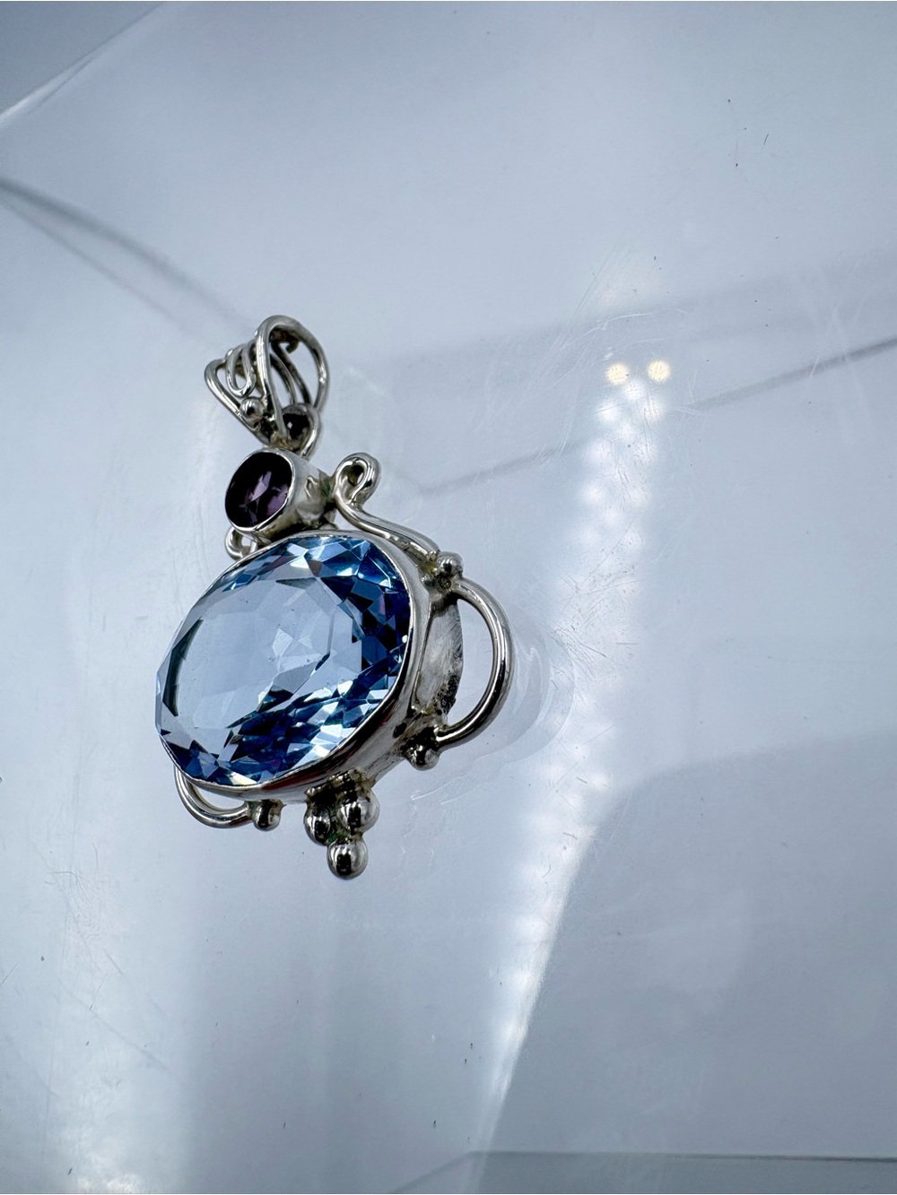 Elegant 925 Silver 10 CT Faceted Aquamarine & Amethyst Pendant - (Pendant Only) - Picture 6 of 16